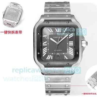 THB Swiss Copy Cartier Santos 39.8 ADLC Bezel Grey Dial Stainless Steel Watch 